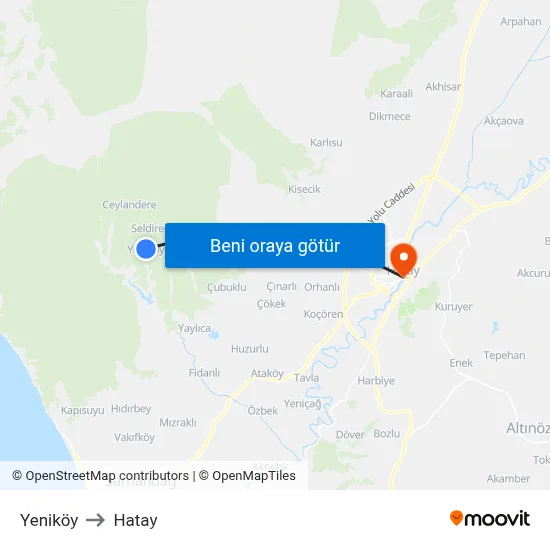 Yeniköy to Hatay map