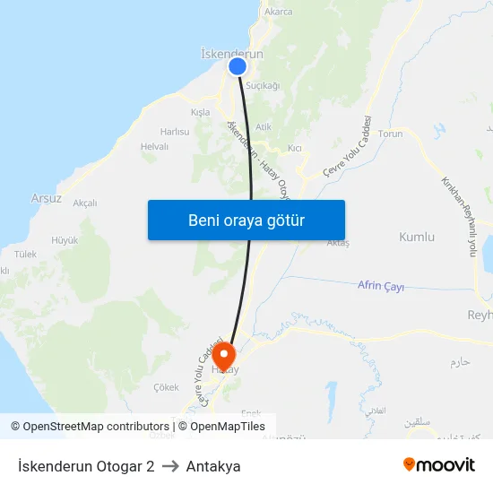 İskenderun Otogar 2 to Antakya map