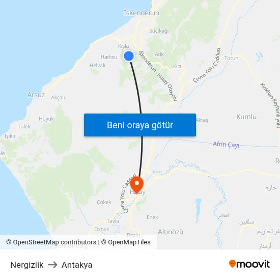 Nergizlik to Antakya map