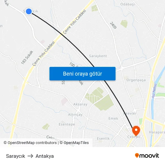 Saraycık to Antakya map