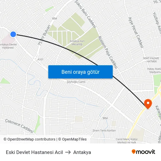 Eski Devlet Hastanesi Acil to Antakya map