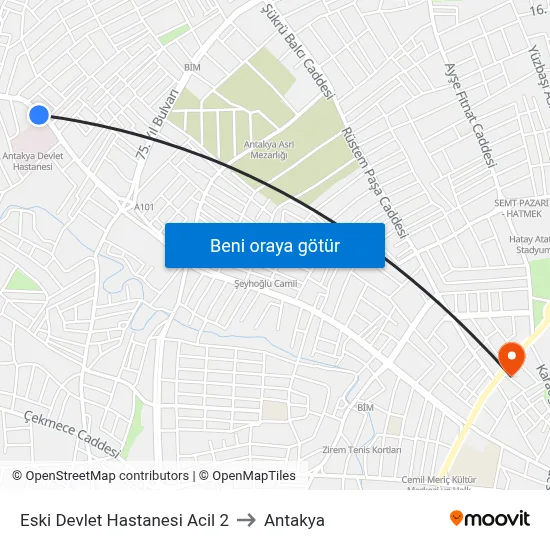 Eski Devlet Hastanesi Acil 2 to Antakya map