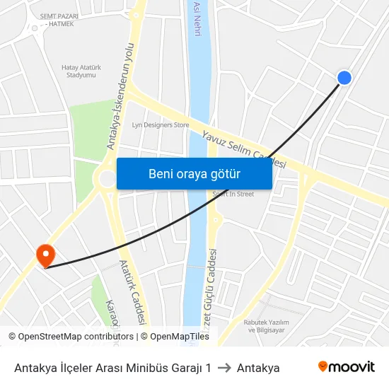 Antakya İlçeler Arası Minibüs Garajı 1 to Antakya map