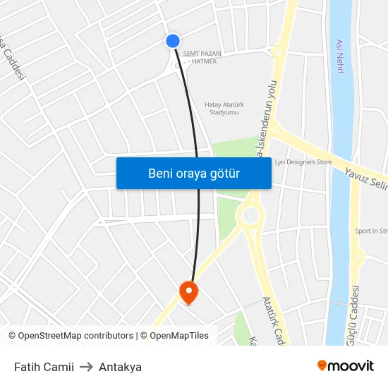 Fatih Camii to Antakya map