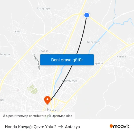 Honda Kavşağı Çevre Yolu 2 to Antakya map