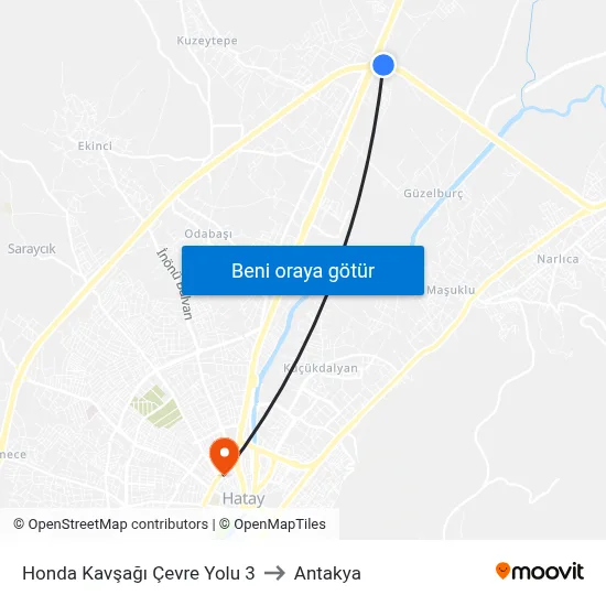 Honda Kavşağı Çevre Yolu 3 to Antakya map