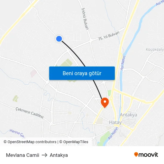 Mevlana Camii to Antakya map