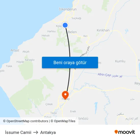 İssume Camii to Antakya map