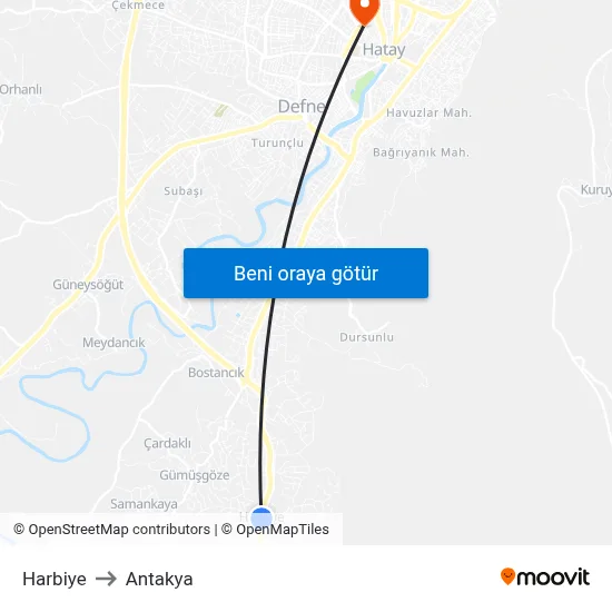 Harbiye to Antakya map