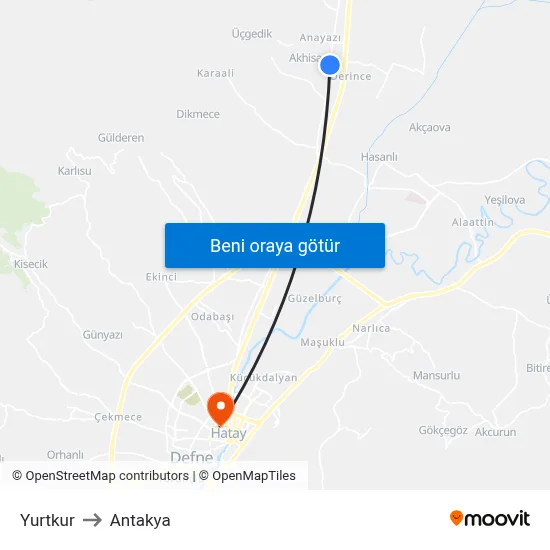 Yurtkur to Antakya map