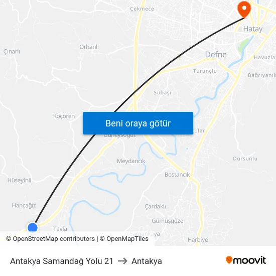 Antakya Samandağ Yolu 21 to Antakya map