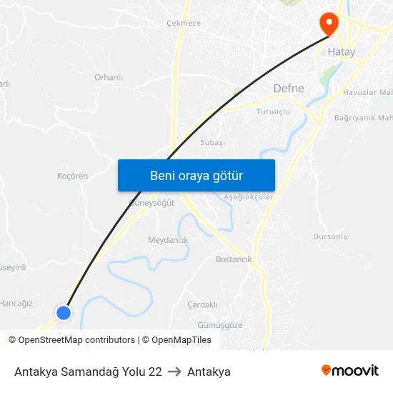 Antakya Samandağ Yolu 22 to Antakya map