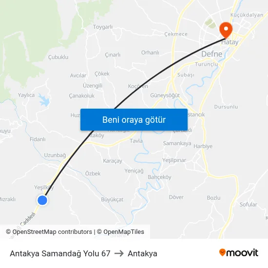 Antakya Samandağ Yolu 67 to Antakya map