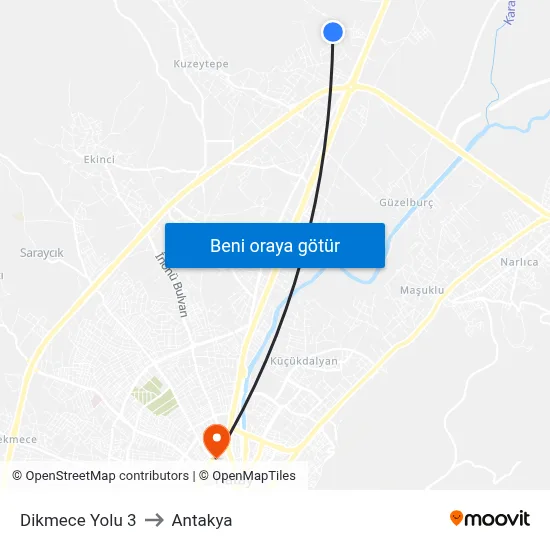 Dikmece Yolu 3 to Antakya map