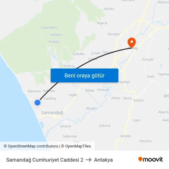 Samandağ Cumhuriyet Caddesi 2 to Antakya map