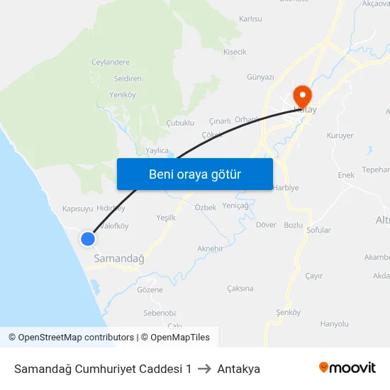 Samandağ Cumhuriyet Caddesi 1 to Antakya map