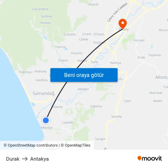Durak to Antakya map