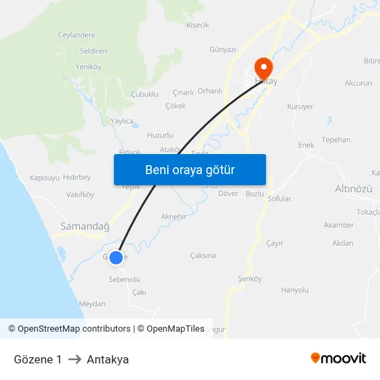 Gözene 1 to Antakya map