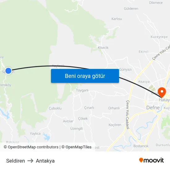 Seldiren to Antakya map
