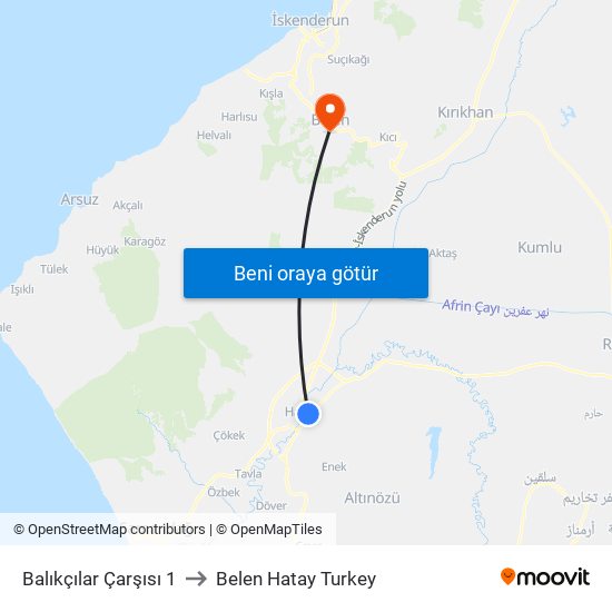 Balıkçılar Çarşısı 1 to Belen Hatay Turkey map