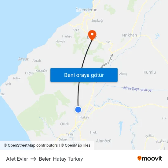 Afet Evler to Belen Hatay Turkey map