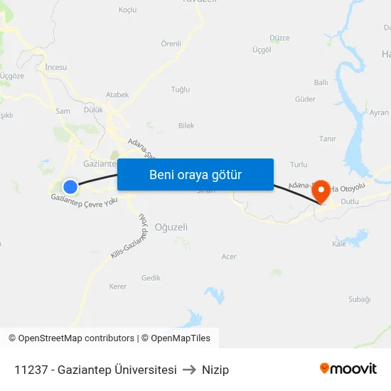 11237 - Gaziantep Üniversitesi to Nizip map
