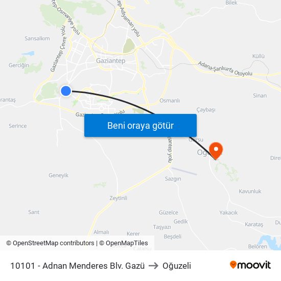 10101 - Adnan Menderes Blv. Gazü to Oğuzeli map