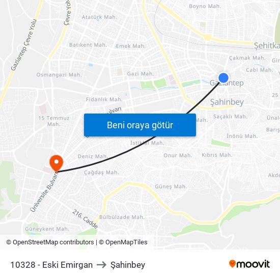 10328 - Eski Emirgan to Şahinbey map