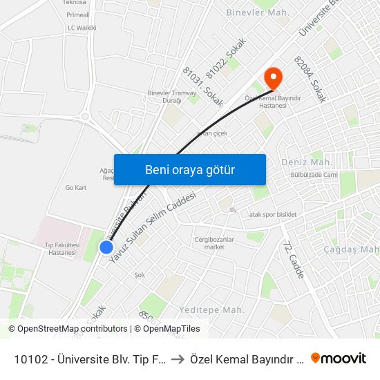 10102 - Üniversite Blv. Tip Fakültesi Hst. to Özel Kemal Bayındır Hastanesi map