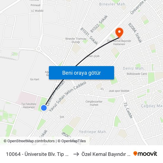 10064 - Üniversite Blv. Tip Fakültesi Önü to Özel Kemal Bayındır Hastanesi map