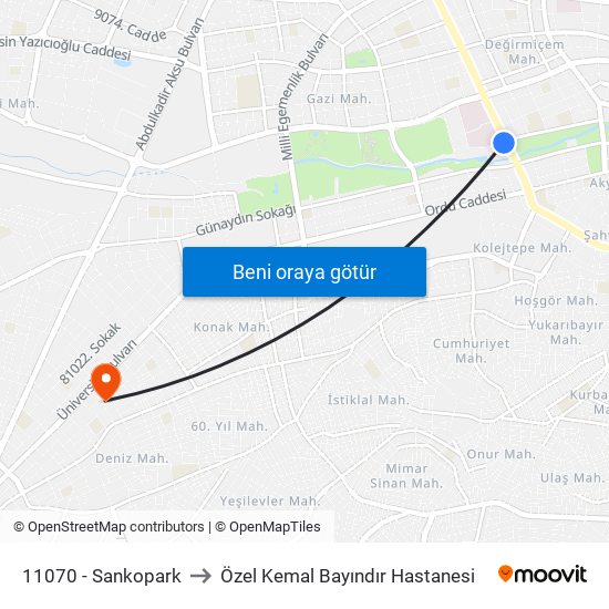 11070 - Sankopark to Özel Kemal Bayındır Hastanesi map