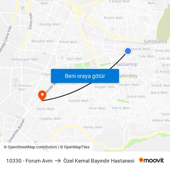 10330 - Forum Avm to Özel Kemal Bayındır Hastanesi map