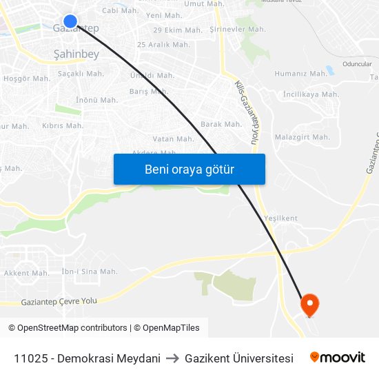 11025 - Demokrasi Meydani to Gazikent Üniversitesi map