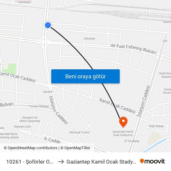 10261 - Şoförler Odasi to Gaziantep Kamil Ocak Stadyumu map