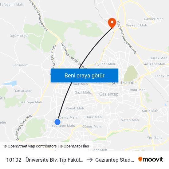 10102 - Üniversite Blv. Tip Fakültesi Hst. to Gaziantep Stadyumu map