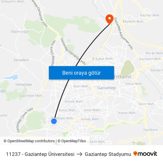 11237 - Gaziantep Üniversitesi to Gaziantep Stadyumu map