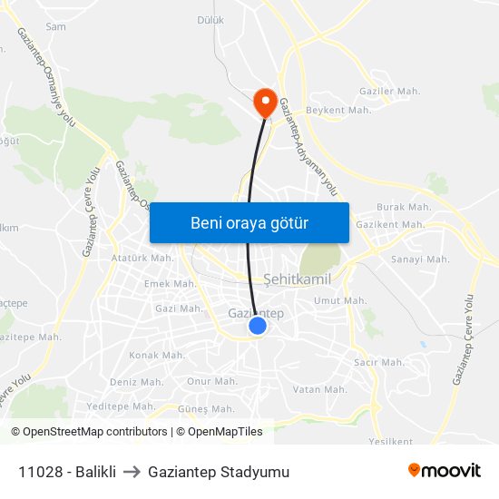 11028 - Balikli to Gaziantep Stadyumu map