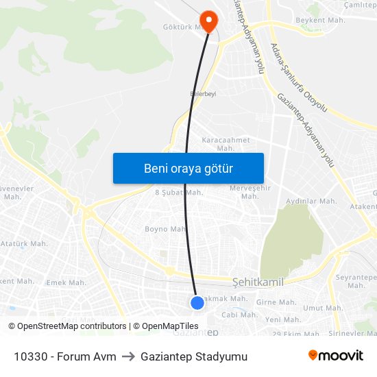 10330 - Forum Avm to Gaziantep Stadyumu map