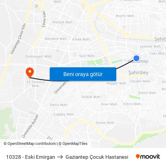 10328 - Eski Emirgan to Gaziantep Çocuk Hastanesi map