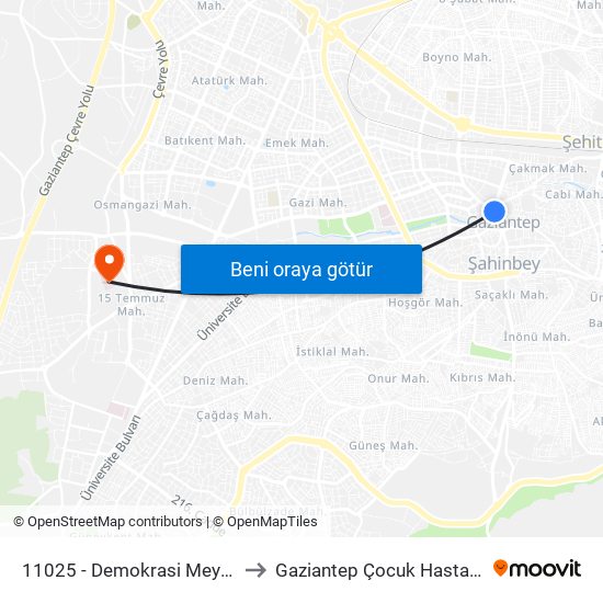 11025 - Demokrasi Meydani to Gaziantep Çocuk Hastanesi map