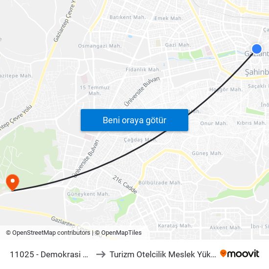 11025 - Demokrasi Meydani to Turizm Otelcilik Meslek Yüksekokulu map