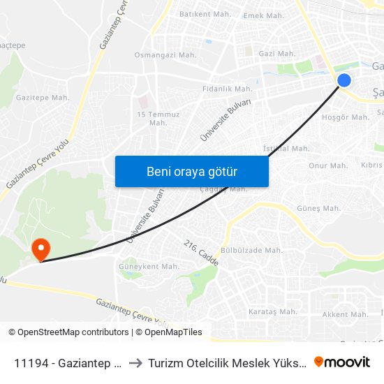 11194 - Gaziantep Lisesi to Turizm Otelcilik Meslek Yüksekokulu map