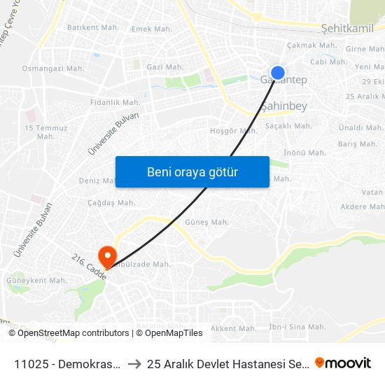 11025 - Demokrasi Meydani to 25 Aralık Devlet Hastanesi Semt Polikliniği map