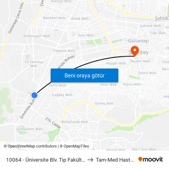 10064 - Üniversite Blv. Tip Fakültesi Önü to Tam-Med Hastanesi map