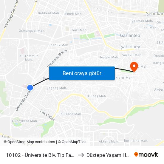 10102 - Üniversite Blv. Tip Fakültesi Hst. to Düztepe Yaşam Hastanesi map