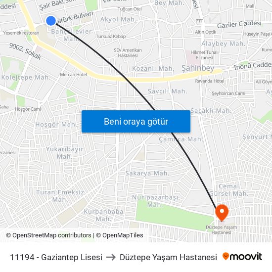 11194 - Gaziantep Lisesi to Düztepe Yaşam Hastanesi map