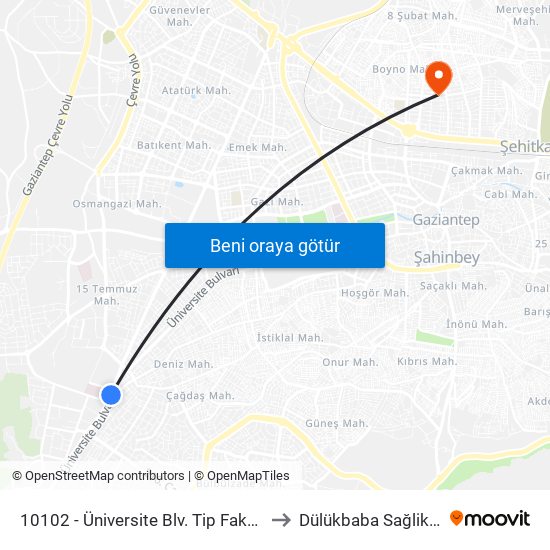 10102 - Üniversite Blv. Tip Fakültesi Hst. to Dülükbaba Sağlik Ocaği map