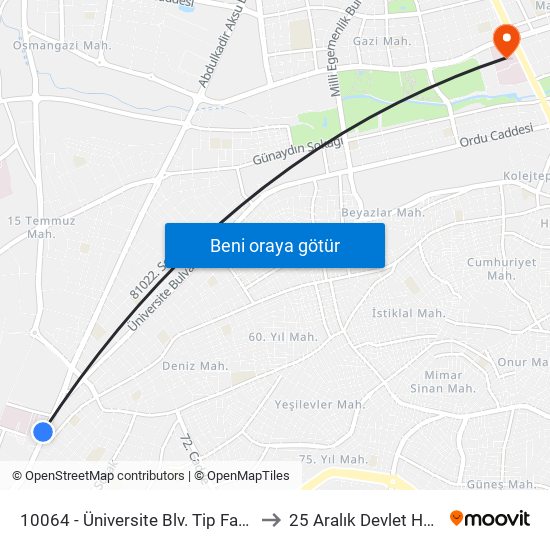 10064 - Üniversite Blv. Tip Fakültesi Önü to 25 Aralık Devlet Hastanesi map