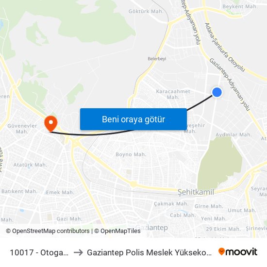 10017 - Otogar 1 to Gaziantep Polis Meslek Yüksekokulu map