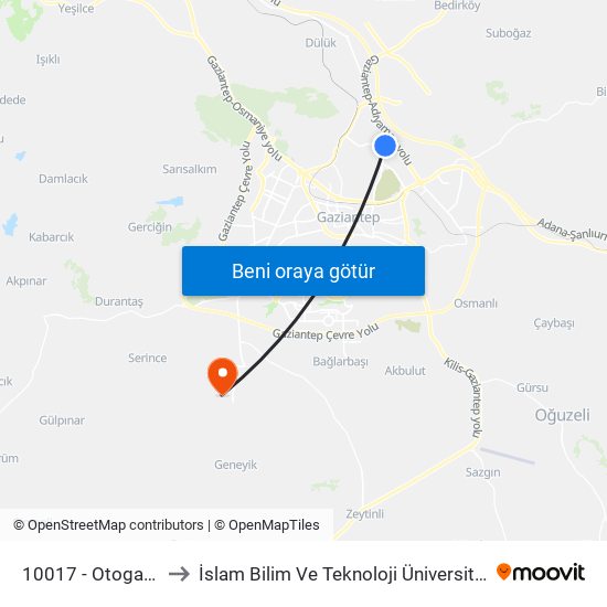10017 - Otogar 1 to İslam Bilim Ve Teknoloji Üniversitesi map